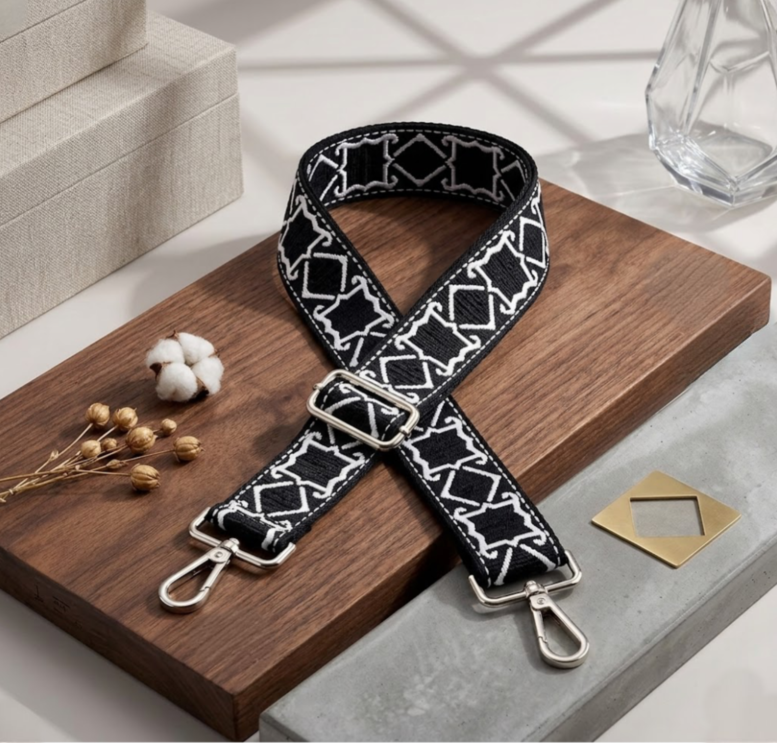 Woven Cross Body Bag Strap - Stark Noir By TIKORI london. Soft geometric patterns with sleek design with golden tone hardware. For instance style upgrade.
