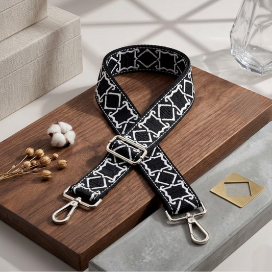 Woven Cross Body Bag Strap - Stark Noir By TIKORI london. Soft geometric patterns with sleek design with golden tone hardware. For instance style upgrade.