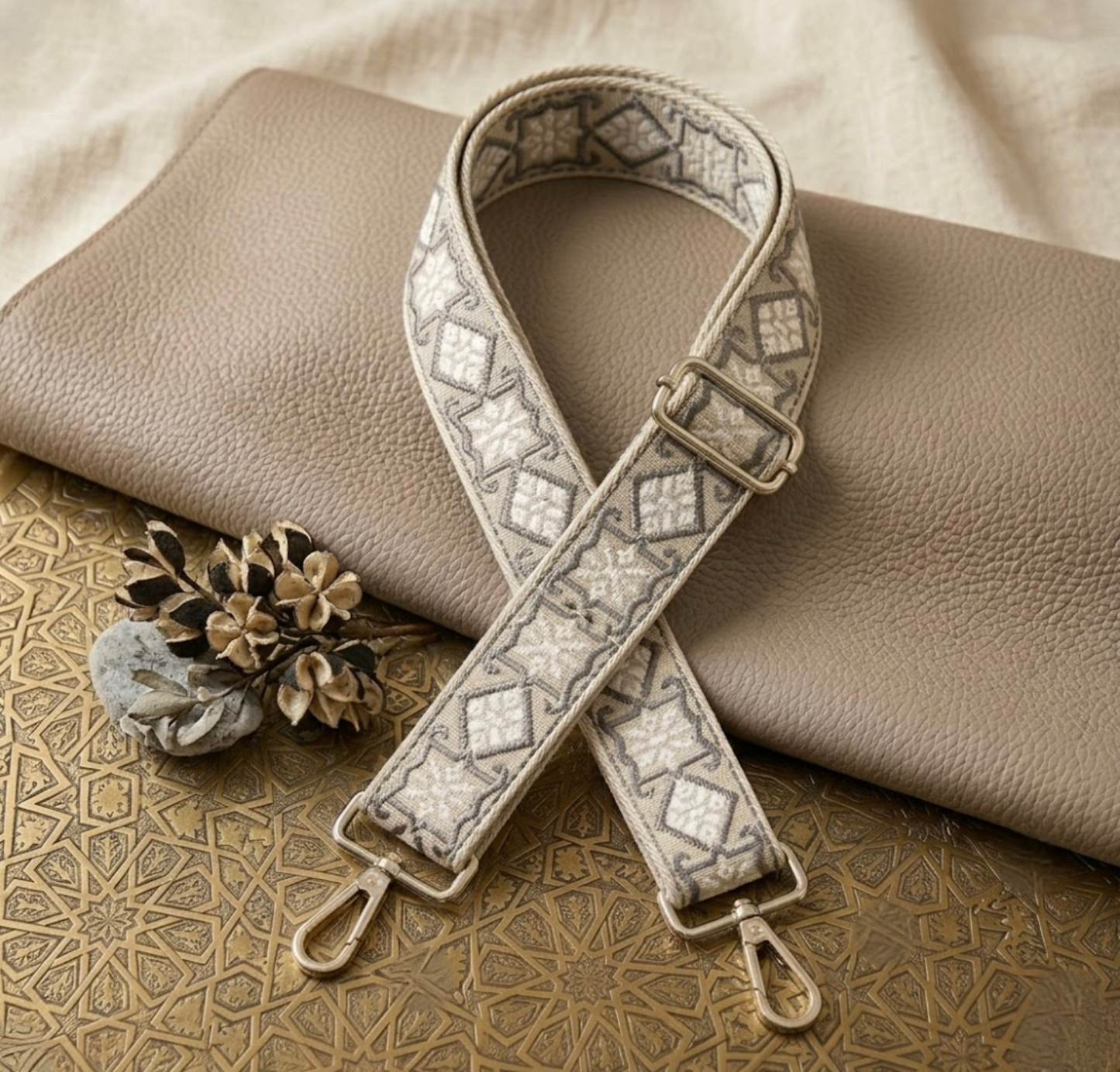 Woven Cross Body Bag Strap - Bone Lumi By TIKORI London. Soft geometric patterns with sleek design with golden tone hardware. For instance style upgrade.