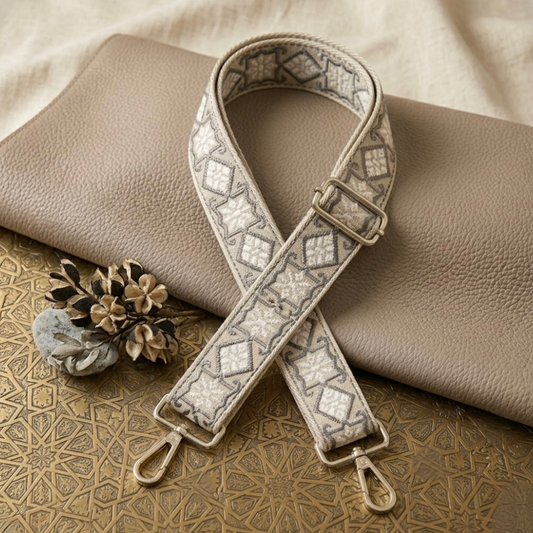 Woven Cross Body Bag Strap - Bone Lumi By TIKORI London. Soft geometric patterns with sleek design with golden tone hardware. For instance style upgrade.