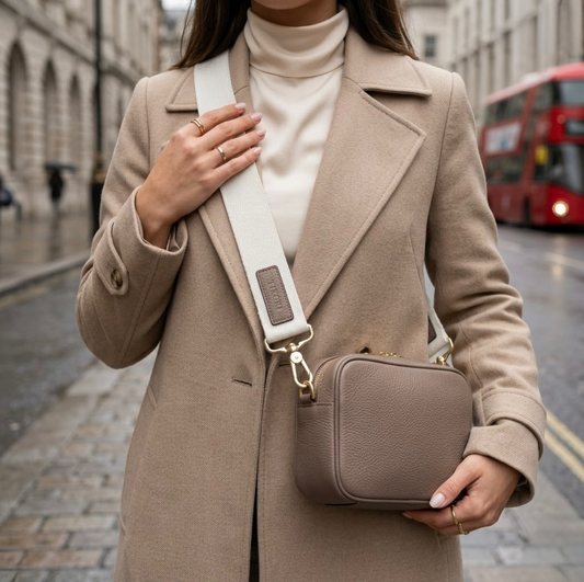 TIKORI classic mink by TIKORI London. Classic elegance with practicality and versatility in mind. Model in beige coat wears the cross body. Mink leather cross body bag shows in the picture with golden tone hardware. Front profile includes the gold zipper pocket. Model standing in the middle of a street pavement.