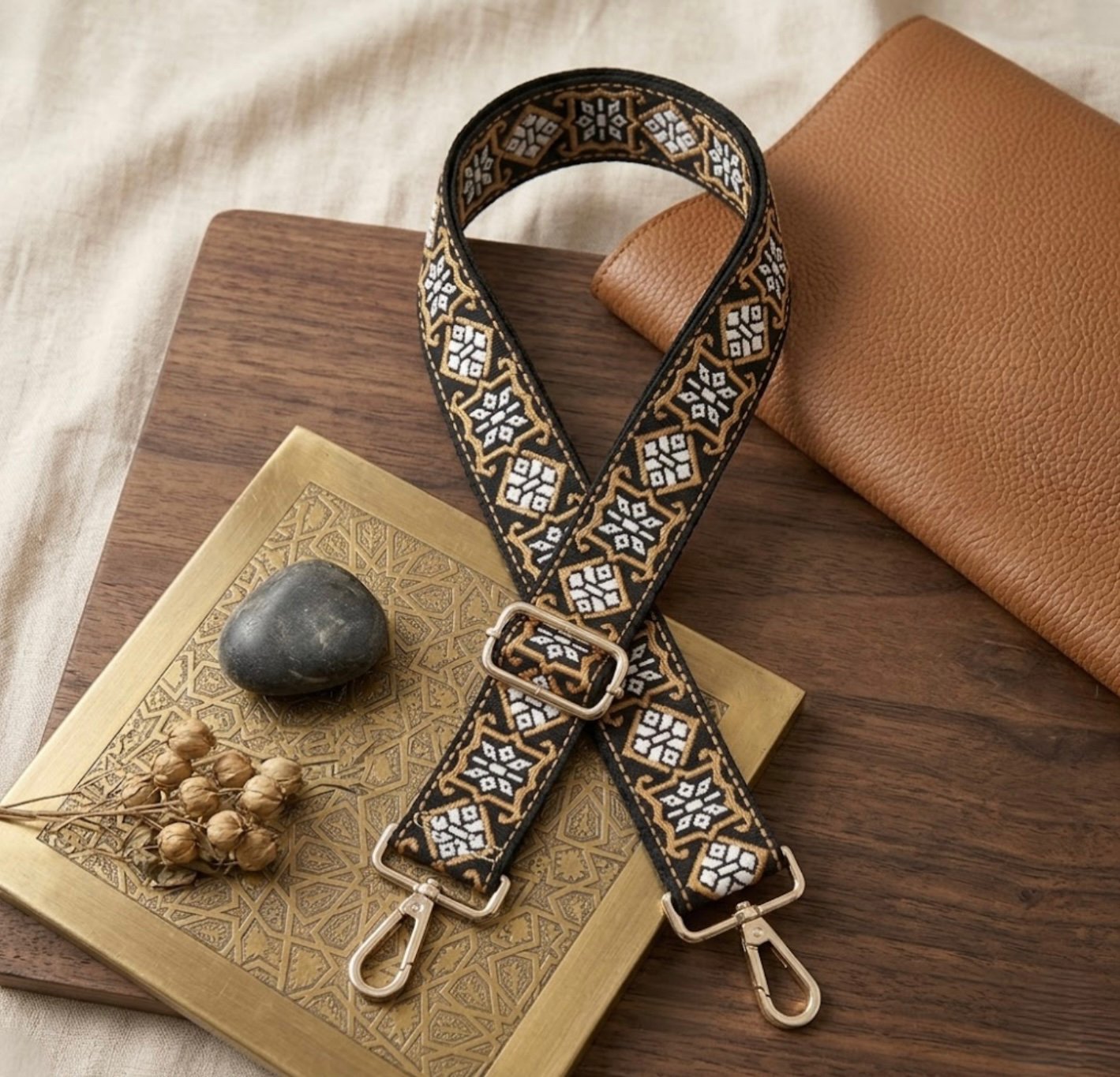 Woven Cross Body Bag Strap - Amber Noir By TIKORI london. Soft geometric patterns with sleek design with golden tone hardware. For instance style upgrade.