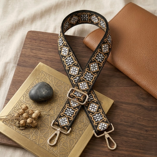 Woven Cross Body Bag Strap - Amber Noir By TIKORI london. Soft geometric patterns with sleek design with golden tone hardware. For instance style upgrade.