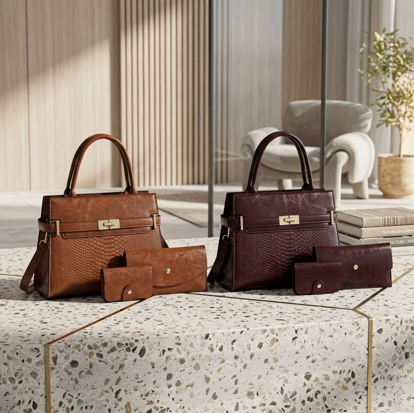 Terra Embossed carryall tote by TIKORI LONDON. The upper half featured a smooth polished texture, while the lower half features a luxurious, deep embossed reptilian texture for a high contrast in premium high quality Vegan Leather. Both tan and maroon bags are showing with matching wallets and card holders next to it. Bags are on a Mabel display setting in very modern lobby environment. 