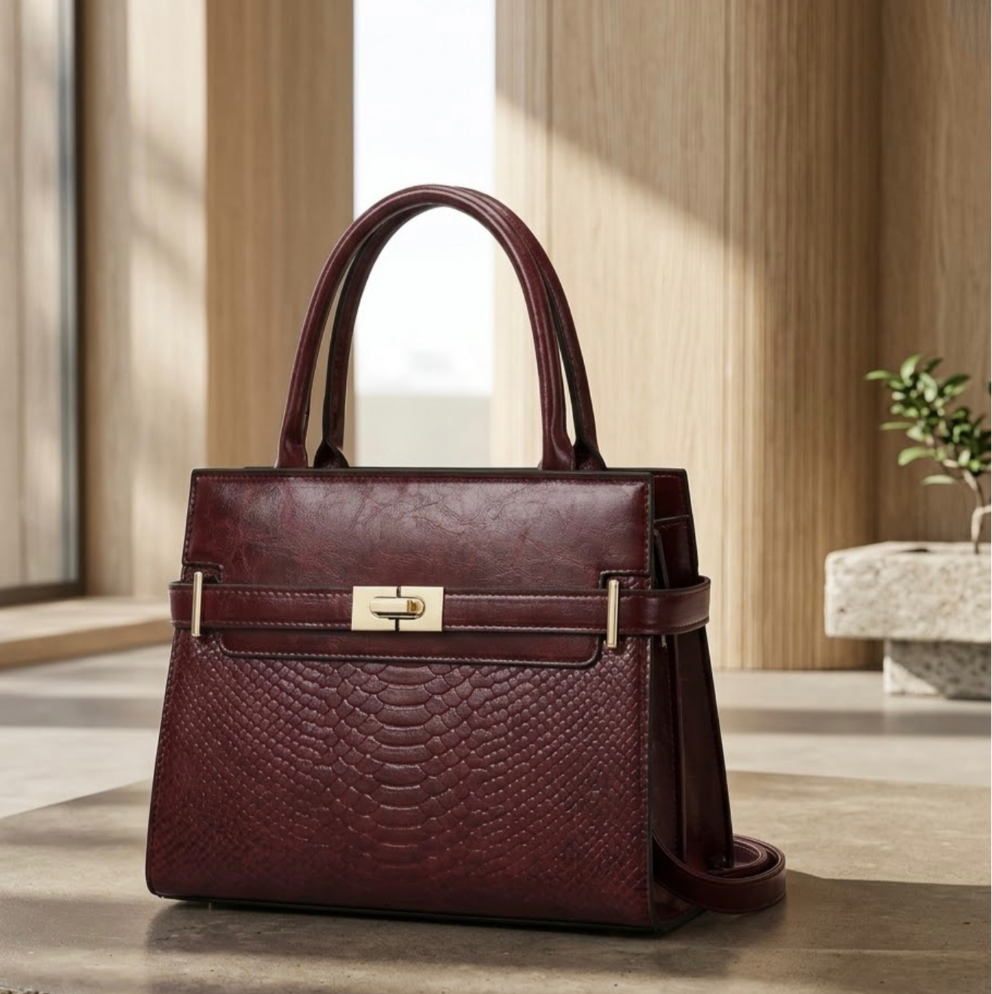 Terra Embossed Carryall Tote Bag - Maroon By Tikori London. The upper half featured a smooth polished texture, while the lower half features a luxurious, deep embossed reptilian texture with golden hardware. Bag displaying on the Mabel floor in a very modern lobby environment. Front of the bag showing on the picture. 