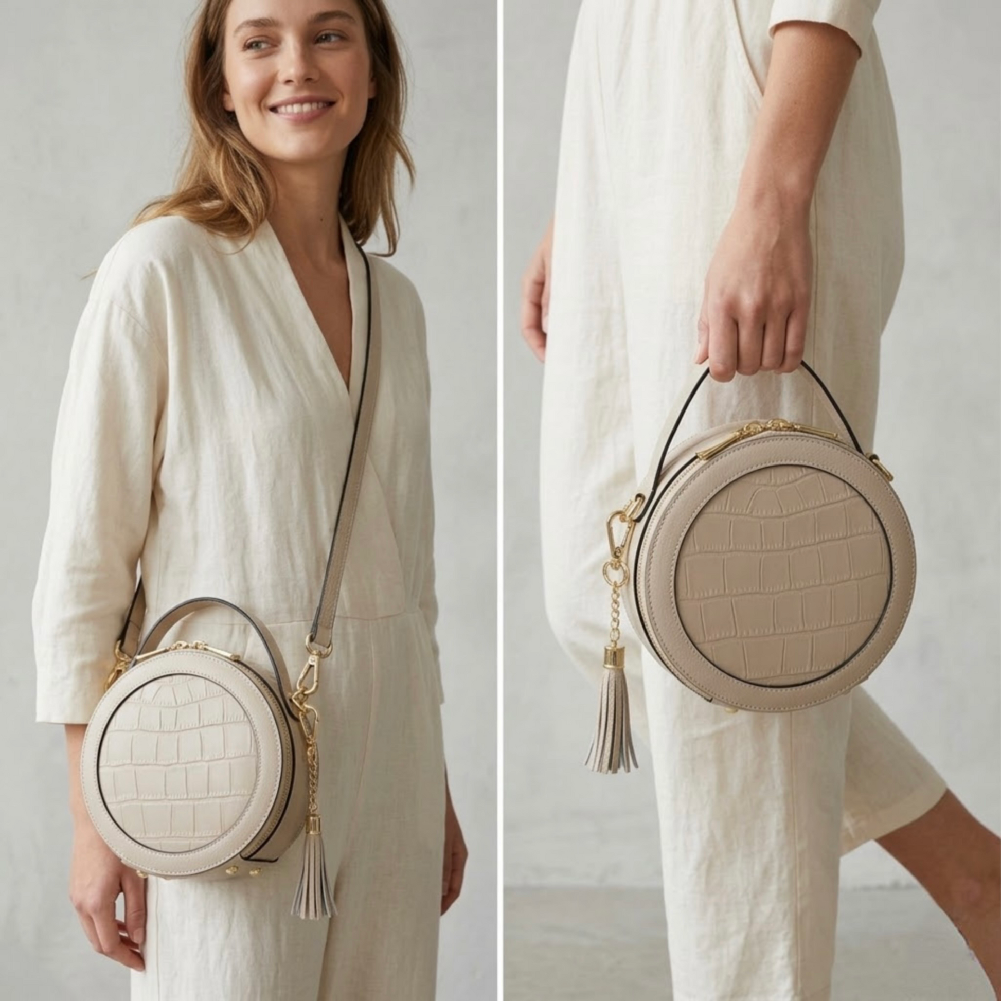 Cleopatra by TIKORI London. Ivory leather circle crossbody bag with dual zip fastening and finished leather details. Two pictures in one frame. Model in ivory cloths wearing the bag as cross body in one and she’s holding the bag from top handle in the other. Front profile of the bag, with golden hardware and tussle on the side shows in the picture.