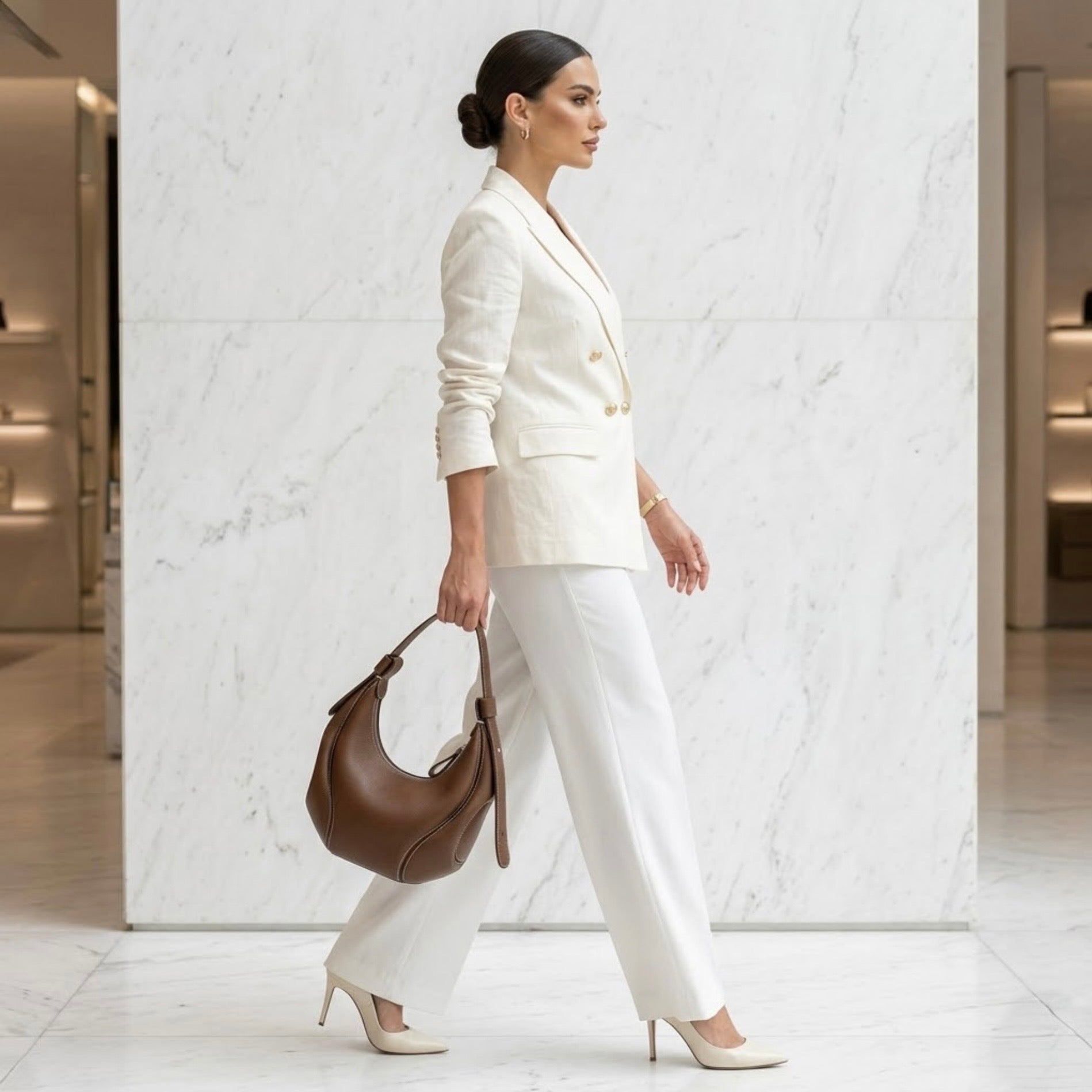 Ellipses crescent hoo bag brown by TIKORI LONDON. The Ellipse Crescent Hobo Bag is crafted in premium genuine leather, this piece is defined by its striking artisan contrast stitching that follows the bag's unique ergonomic lines. beautiful women in ivory and white cloths carrying the bag in store environment.