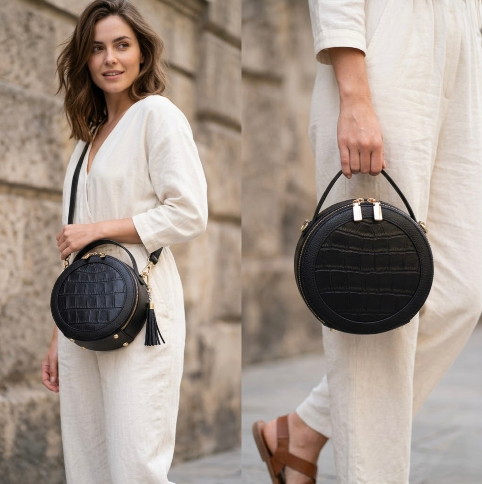 TIKORI LONDON black finished leather circle crossbody bag with dual zip fastenings, featuring a sleek, rounded design. Two pictures together. Model in ivory cloths wearing the bag as cross body in one picture and she’s holding the bag from top handle in the other picture. Front profile of the bag with golden hardware and tussle detail shows in the picture 