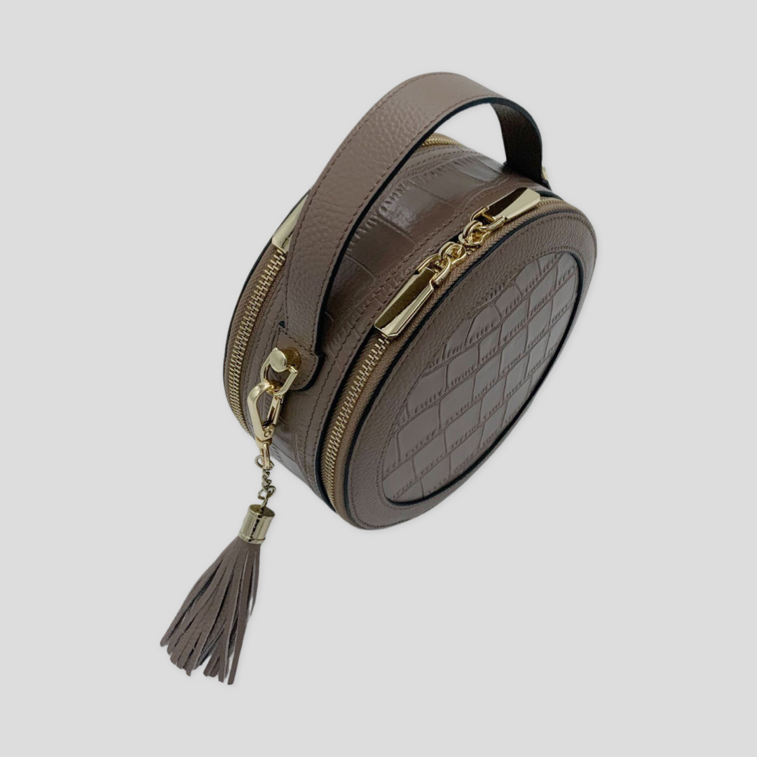Croc Finished Leather Circle Cross Body Bag - Mink