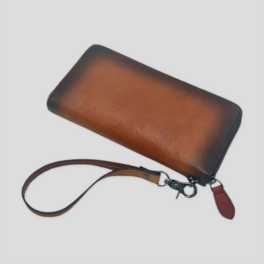 Wrist strap wallet - Orange brown - TIKORI LONDON. Front. 