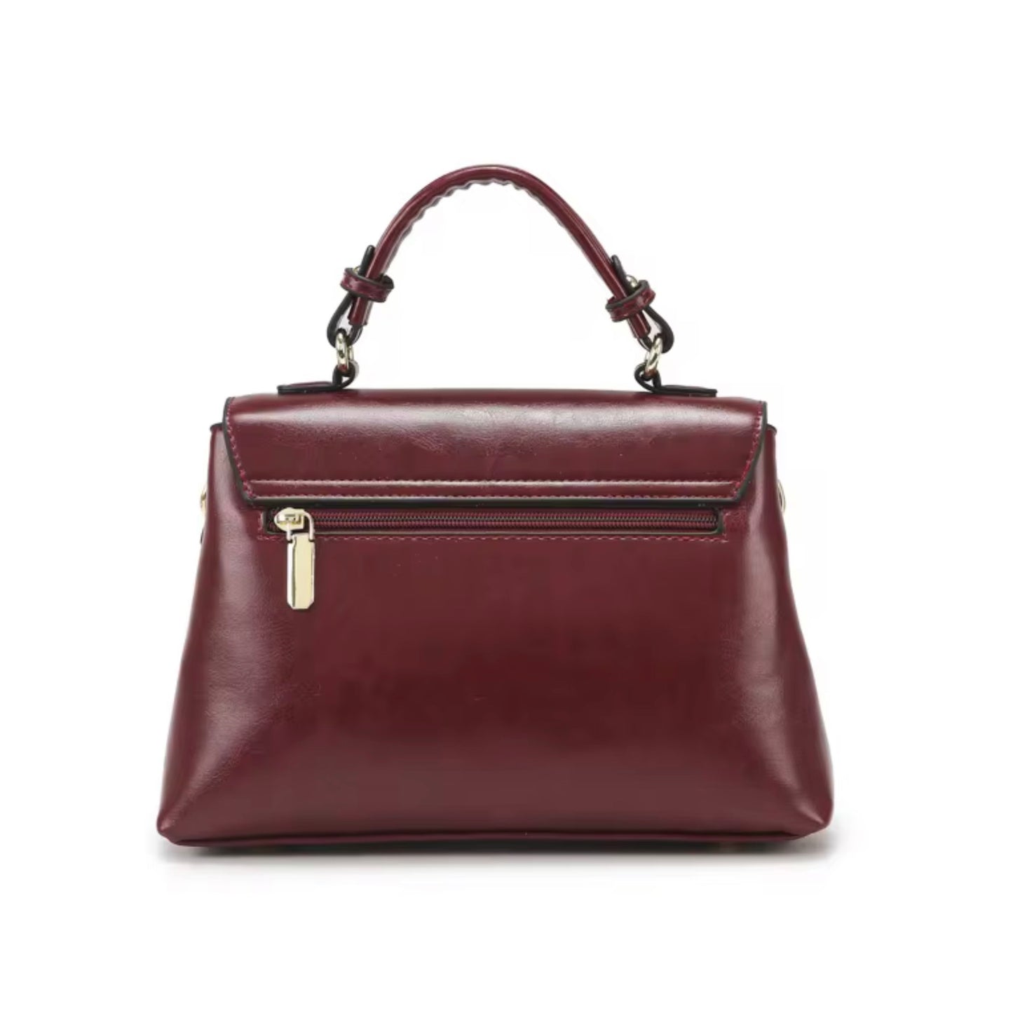 Heritage Flap Bag - Maroon By TIKORI London. Featuring top handle and back of the handbag showing the golden zipper detail.