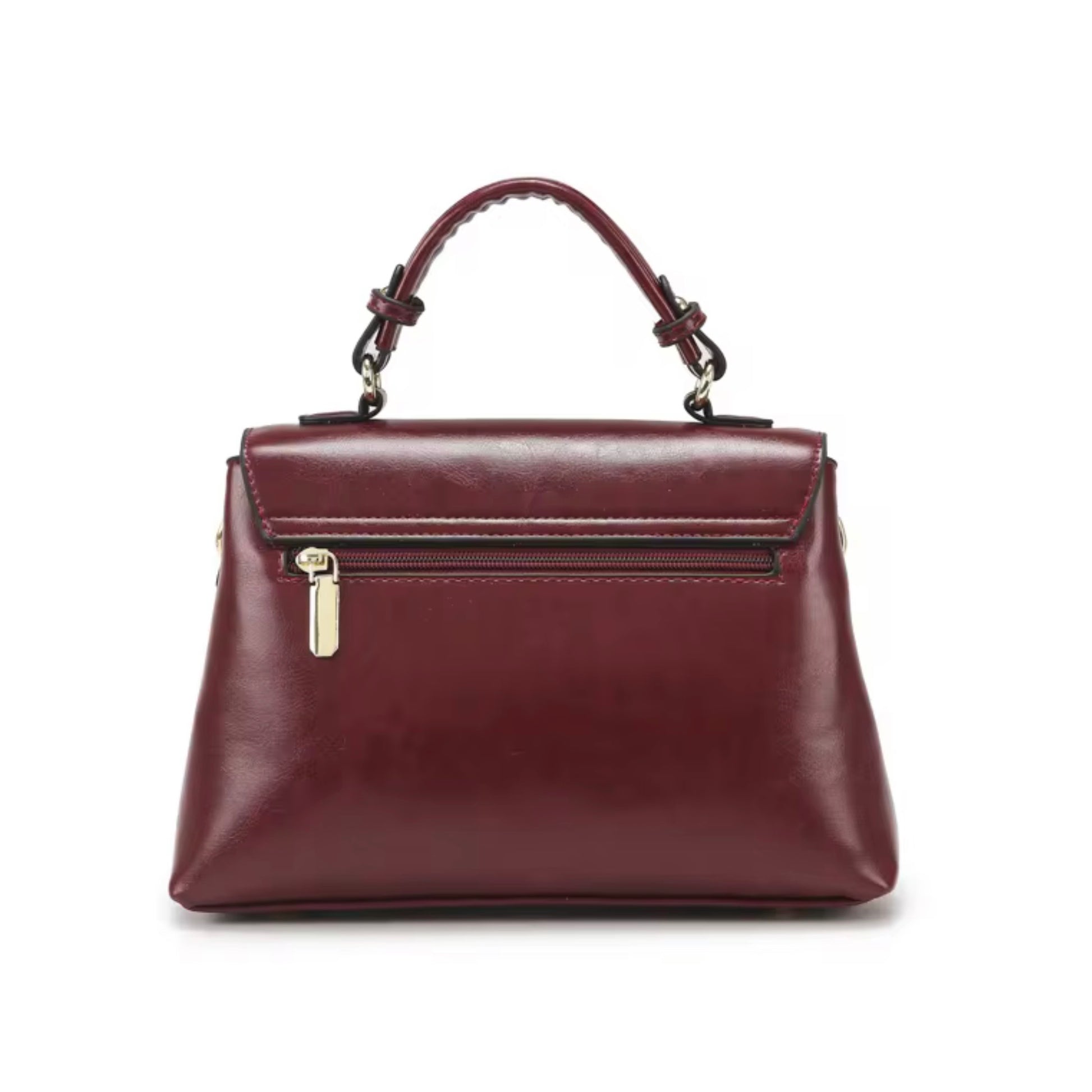 Heritage Flap Bag - Maroon By TIKORI London. Featuring top handle and back of the handbag showing the golden zipper detail.
