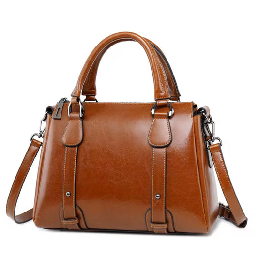 Polished faux leather satchel bag - light  brown by TIKORI LONDON. With silver tone hardware. sophisticated and structured handbag.