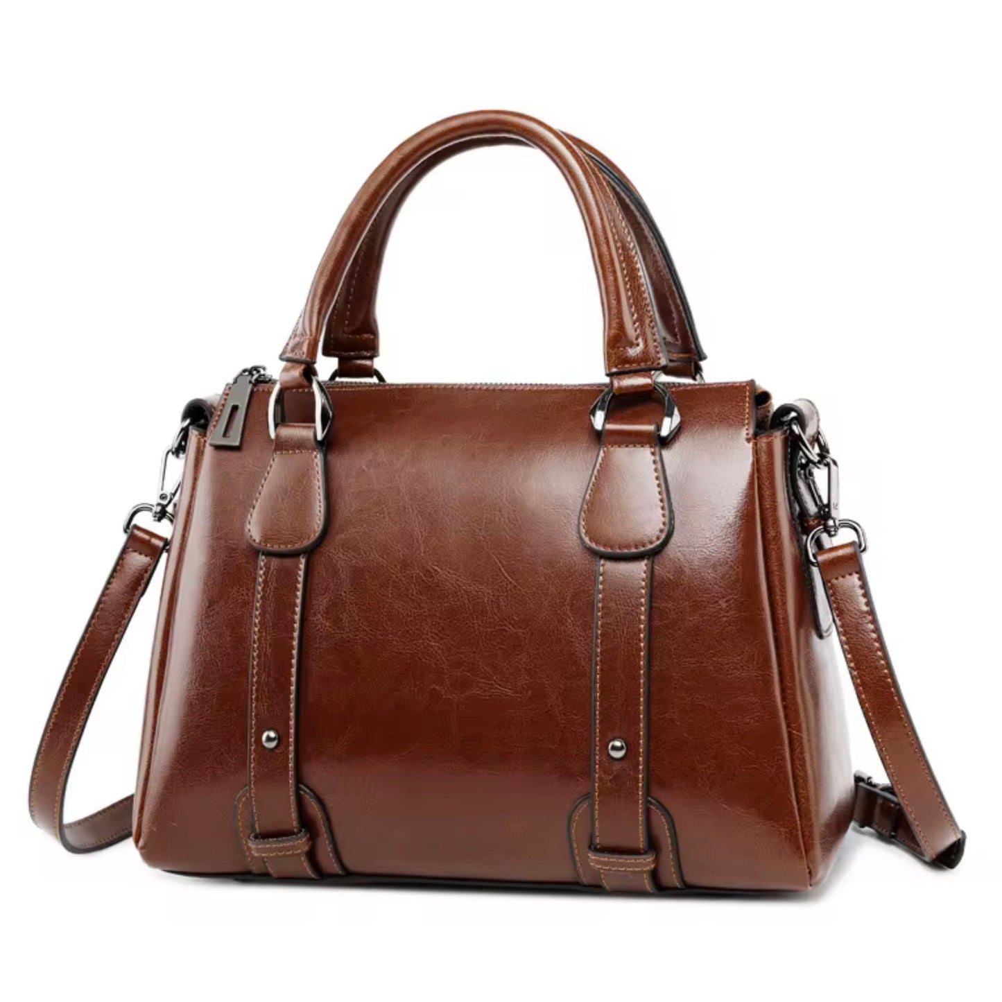 Polished faux leather satchel bag - Dark brown by TIKORI LONDON. With silver tone hardware. sophisticated and structured handbag. 