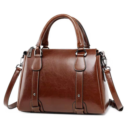Polished faux leather satchel bag - Dark brown by TIKORI LONDON. With silver tone hardware. sophisticated and structured handbag. 