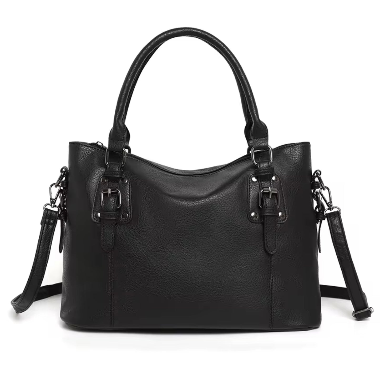 Maven Satchel - Black - by TIKORI LONDON. Constructed from deep-black pebbled Vintage washed Faux Leather&nbsp;with a supple hand-feel, the Marvin is as resilient as it is refined. The gunmetal hardware provides a muted, industrial contrast, ensuring it remains an understated staple rather than a fleeting trend. Front of the bag showing on the picture. With gun metal hardware.