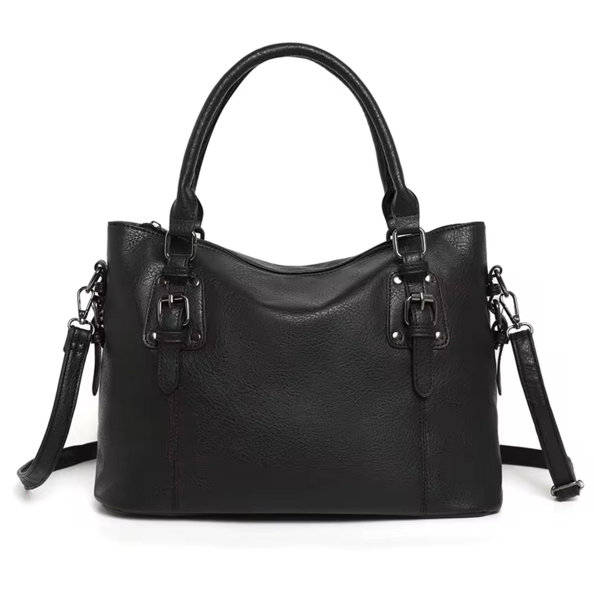 Maven Satchel - Black - by TIKORI LONDON. Constructed from deep-black pebbled Vintage washed Faux Leather&nbsp;with a supple hand-feel, the Marvin is as resilient as it is refined. The gunmetal hardware provides a muted, industrial contrast, ensuring it remains an understated staple rather than a fleeting trend. Front of the bag showing on the picture. With gun metal hardware.
