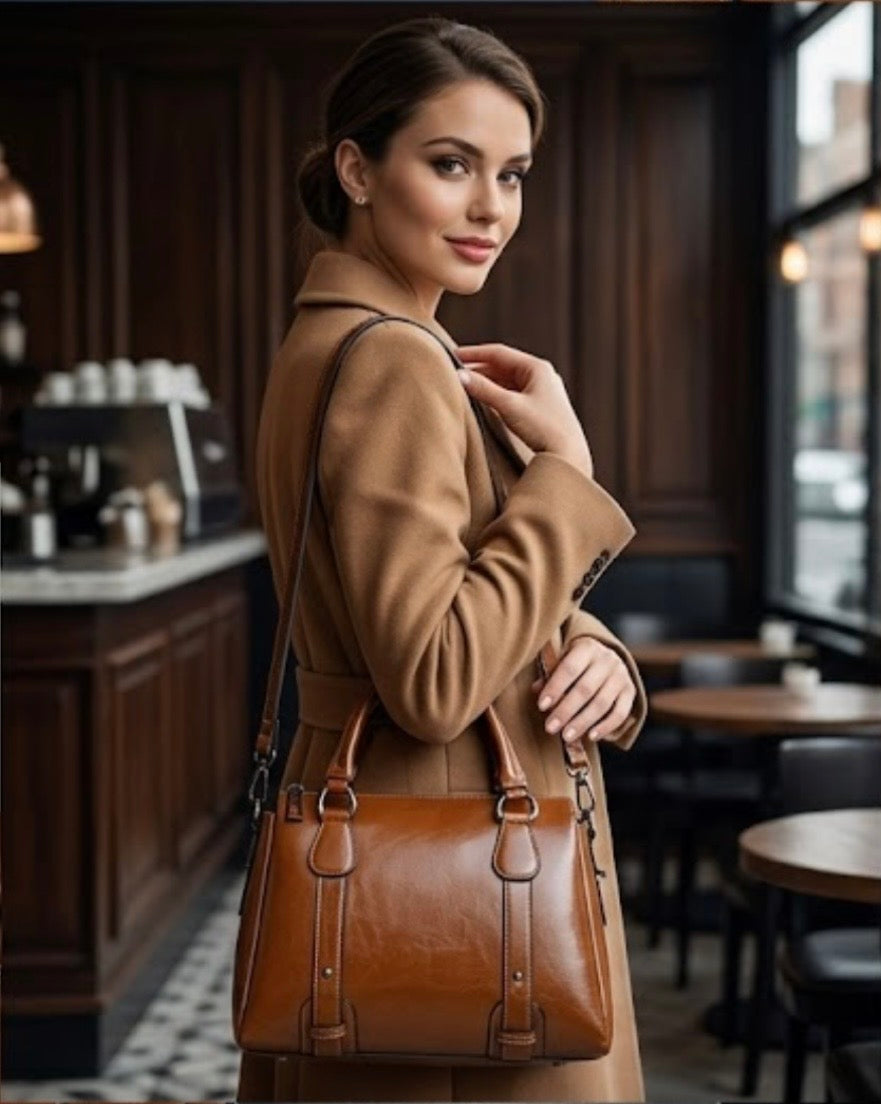 Vintage Brown Polished Satchel Bag light brown by TIKORI LONDON. Crafted from high quality genuine leather, this bag offers a luxurious aesthetic with a durable finish that stands up to daily wear. Beautiful model in tan coat wearing the bag as shoulder. In a cafe environment.