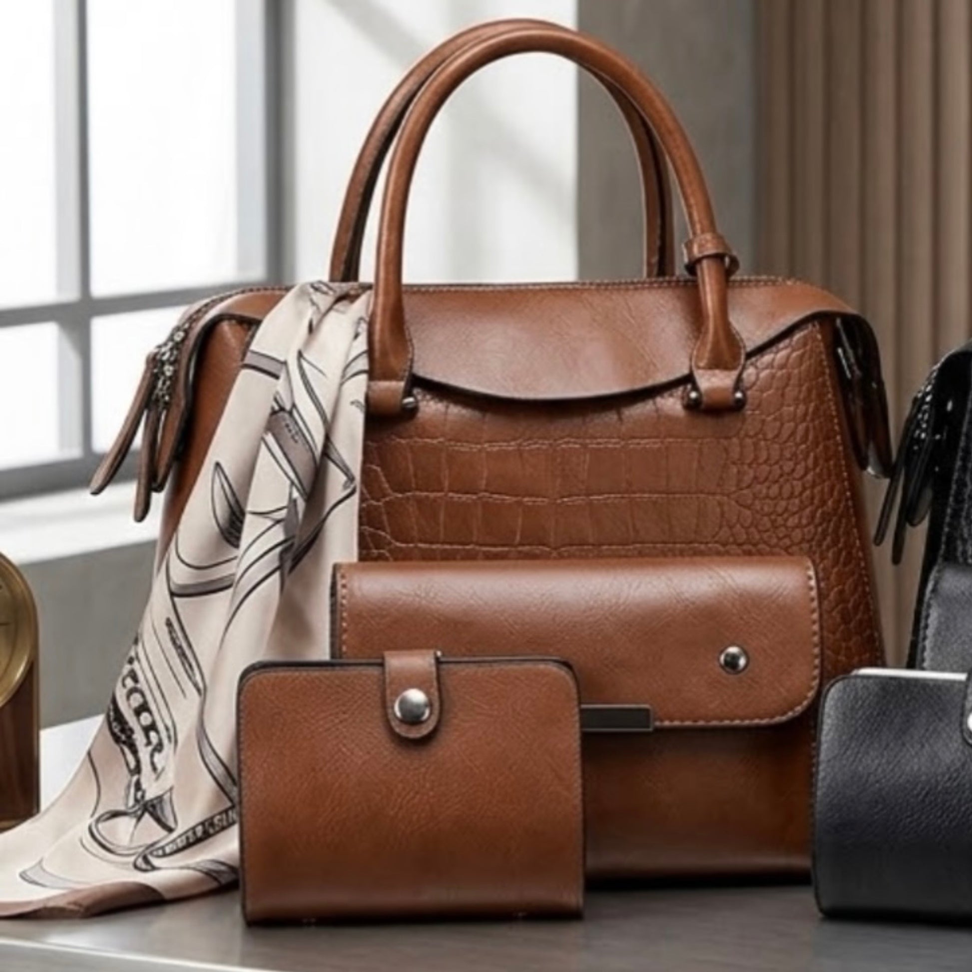 Vintage Inspired Embossed Satchel Bag tan by TIKORI LONDON. This elegant top handle handbag is crafted from rich, deep coffee toned high quality premium Vegan Leather, featuring a sophisticated crocodile embossed panel across the front for a multi textured look. Its structured "doctor bag" silhouette offers a spacious interior, secured by a smooth top zipper. Bag displays on the table next to the matching card holder and wallet. Scarfs is attached to the handle.