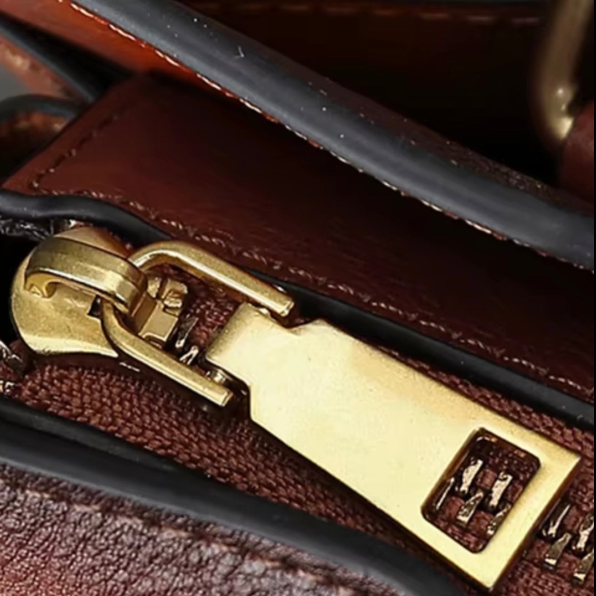 Heritage Burnished Leather Tote - Deep Mahogany By TIKORI london. Close up features of the Bag zipper shown on the picture with golden tone hardware.