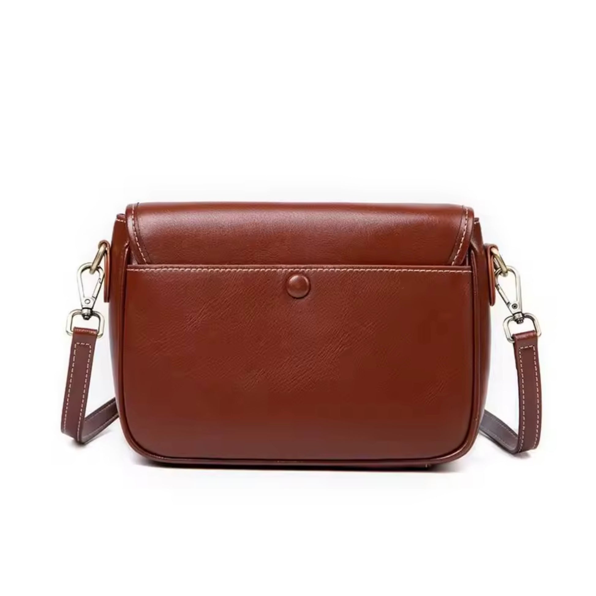 Heritage Cross Body Bag - Mahogany by Tikori London. Bag features a rich mahogany tone and back profile of the bag in white background seen on the picture  Brass hardware and long strap included.