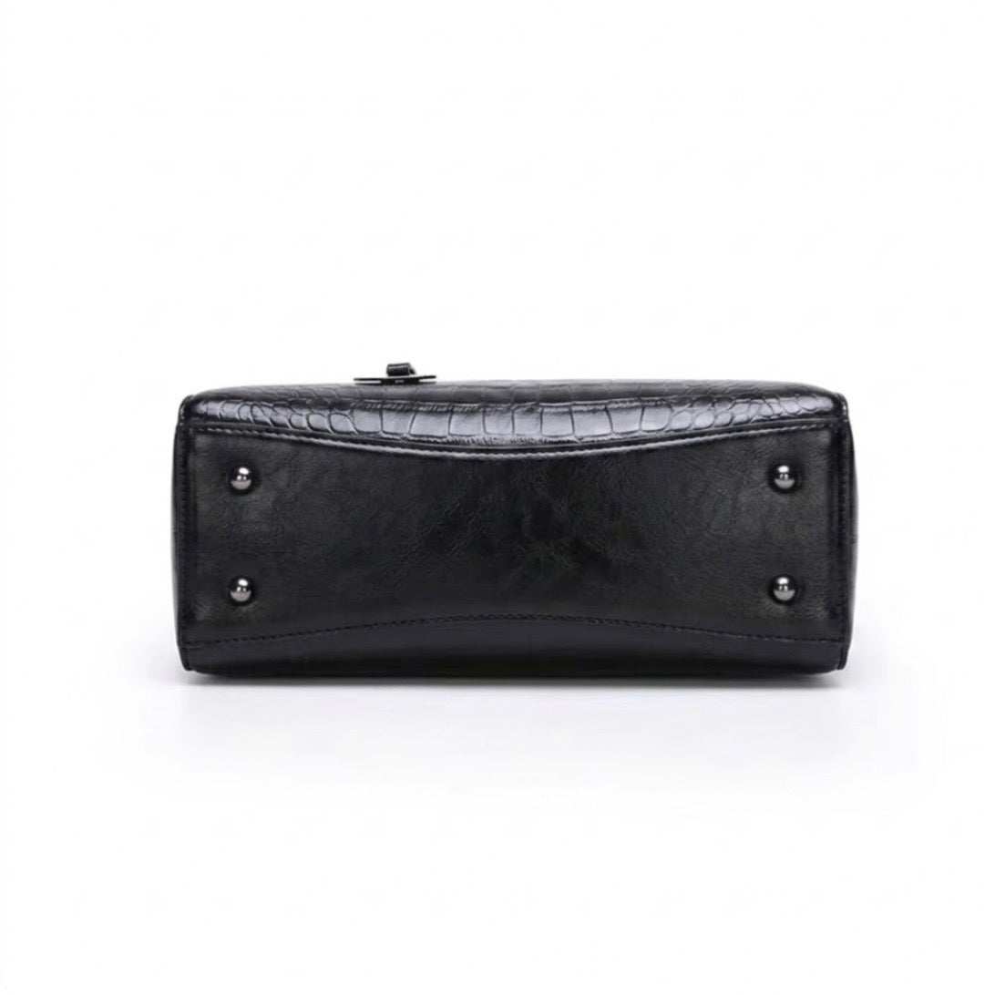 Vintage Inspired Embossed Satchel Bag - Black