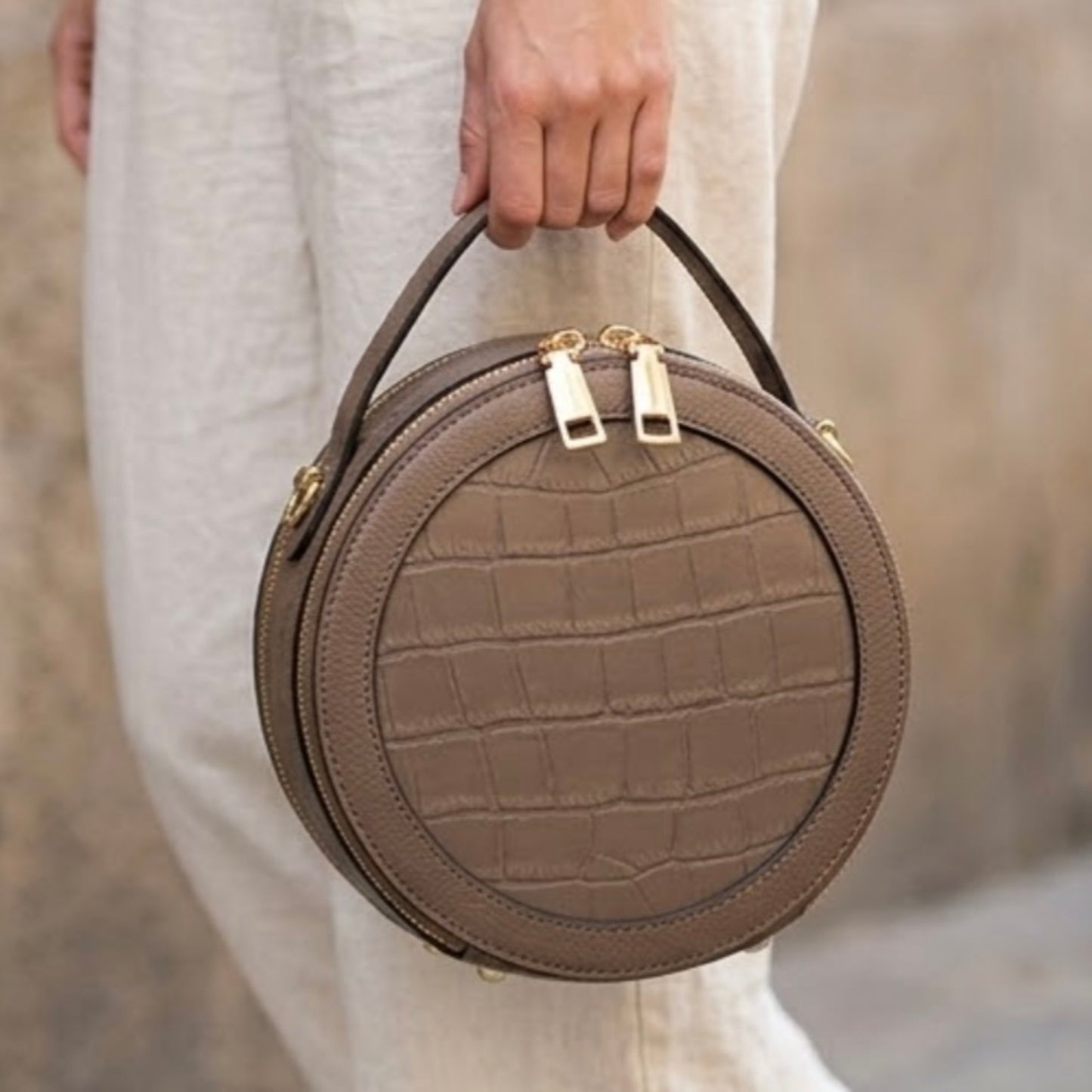 Croc Finished Leather Circle Cross Body Bag - Mink