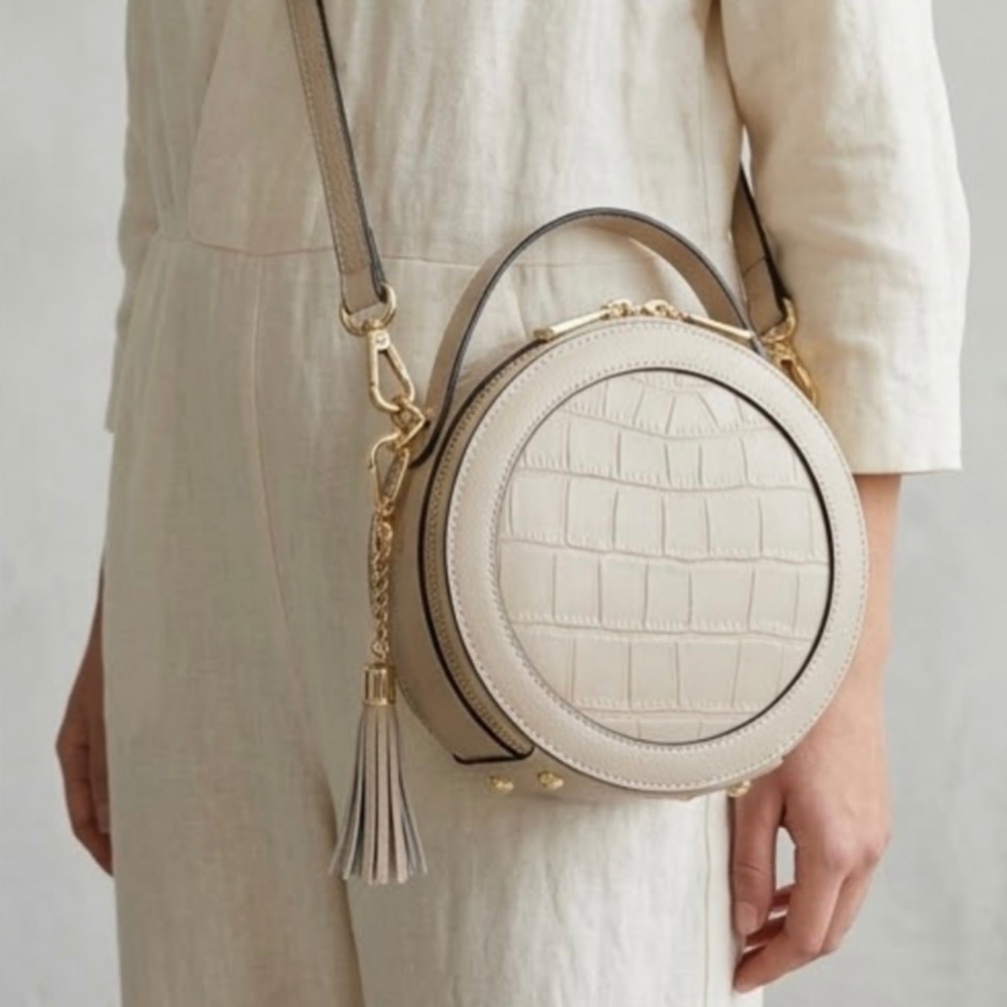 Croc Finished Leather Circle Cross Body Bag - Ivory
