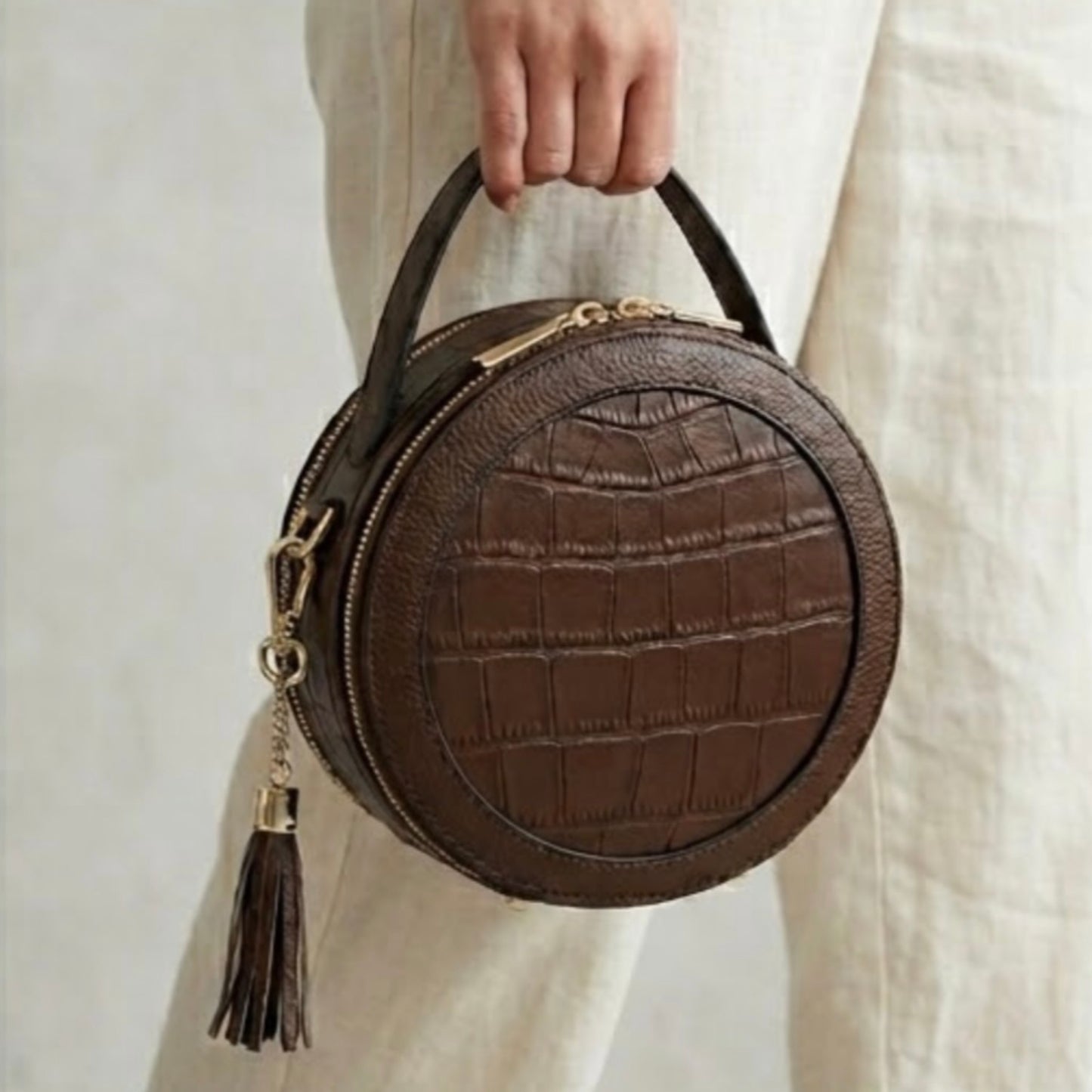 Croc Finished Leather Circle Cross Body Bag - Dark Brown