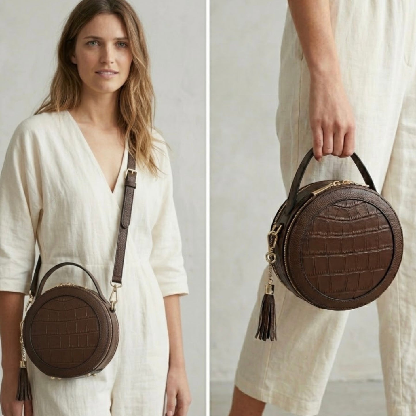 Croc Finished Leather Circle Cross Body Bag - Dark Brown
