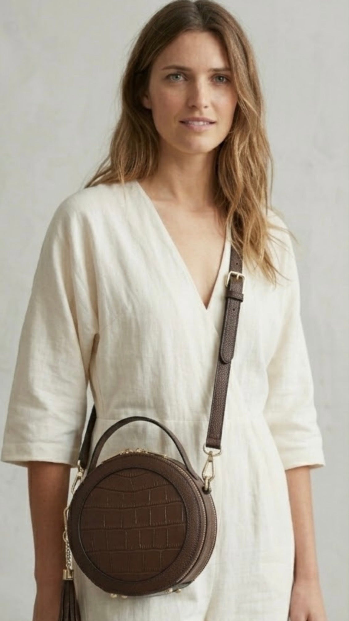 Croc Finished Leather Circle Cross Body Bag - Dark Brown