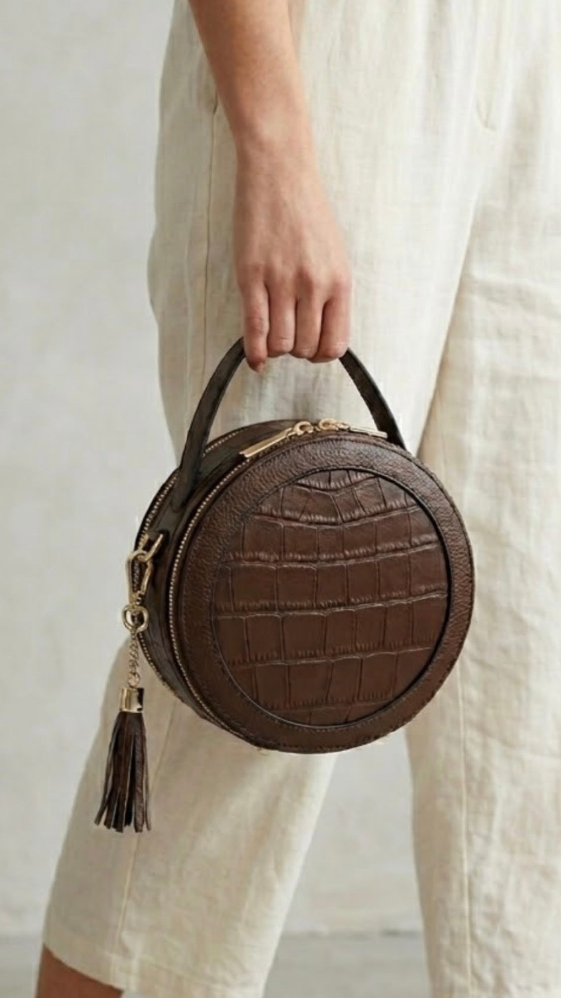 Croc Finished Leather Circle Cross Body Bag - Dark Brown