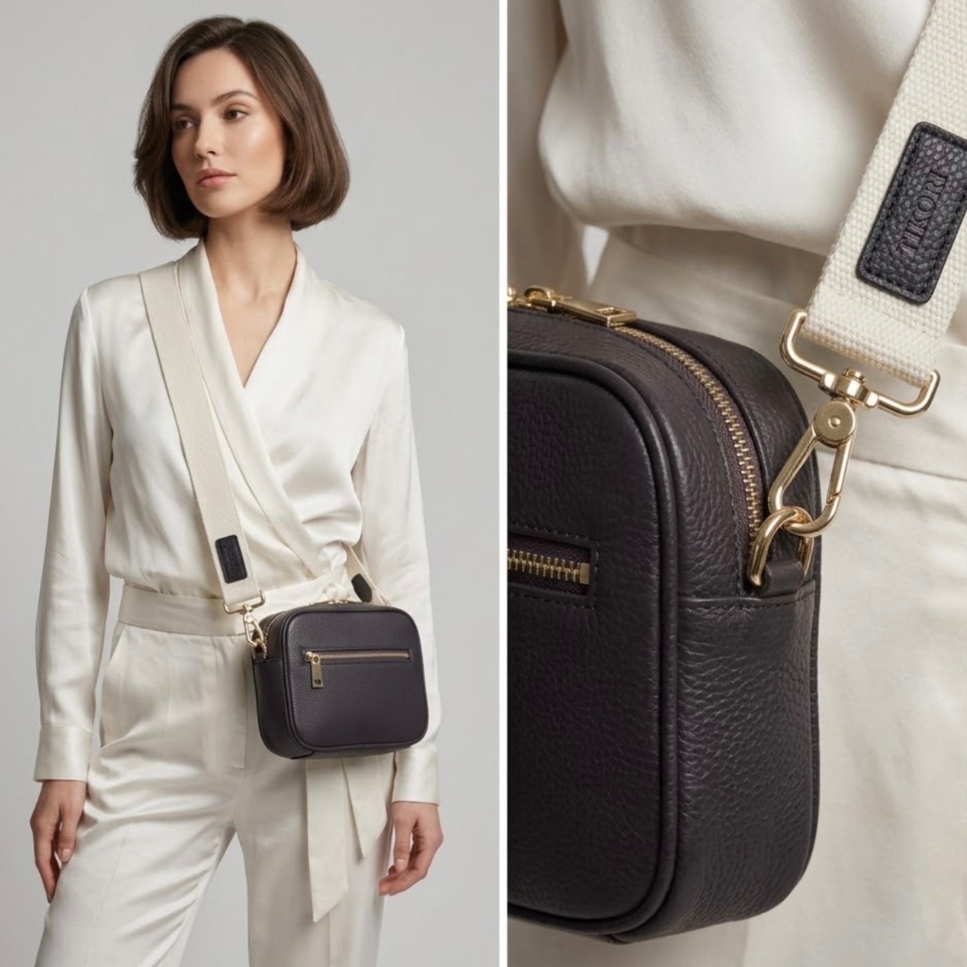 Classic elegance with practicality and versatility in mind. TIKORI classic dark brown by TIKORI london. Genuine leather crossbody bag. Two pictures together. Model in ivory cloths wears the crossbody. 
Front profile of the bag showing in the picture. And the other picture model shows close up detail of Golden tone hardware, canvas strap with TIKORI logo front detail shows.