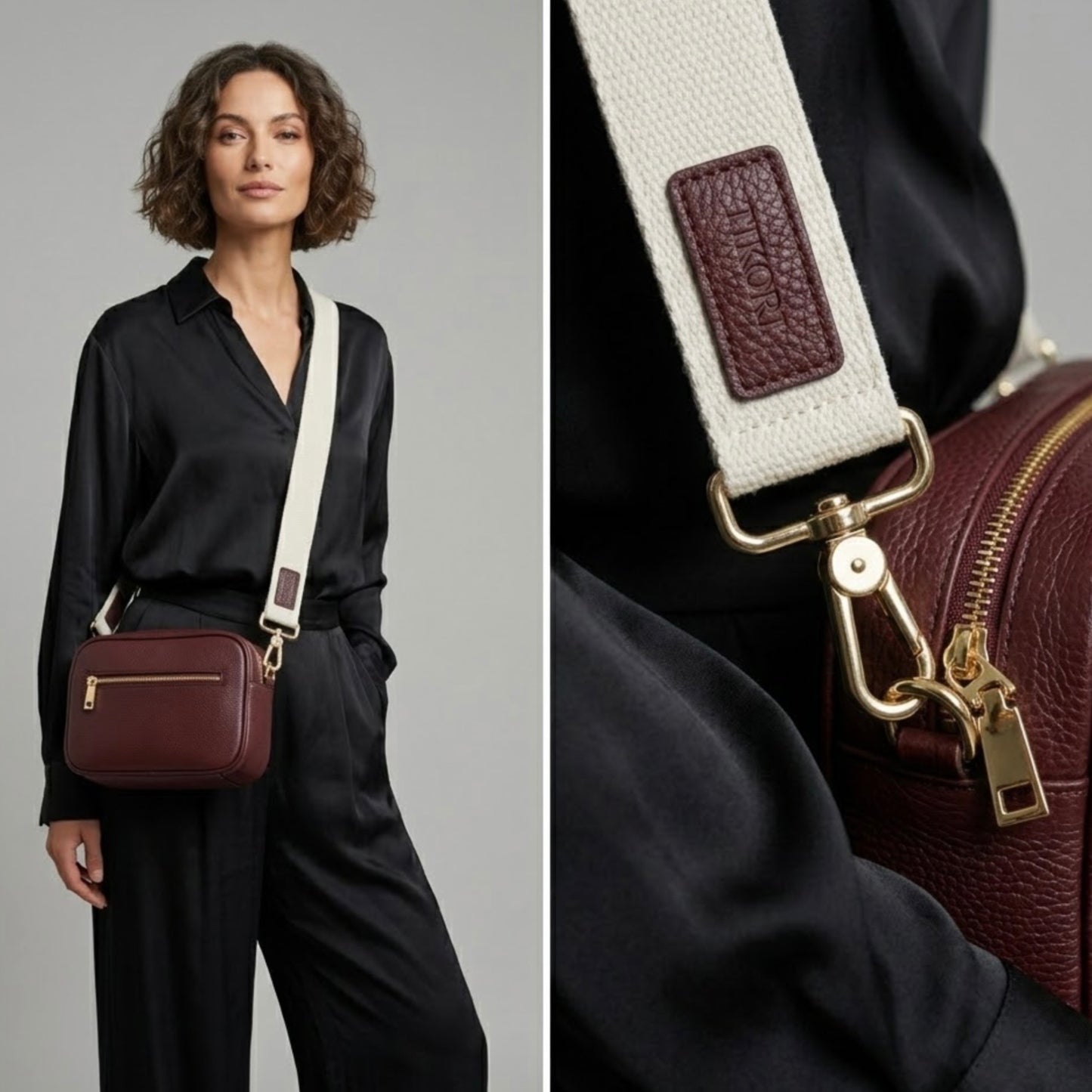 Classic elegance with practicality and versatility in mind. TIKORI classic maroon by TIKORI london. Genuine Leather crossbody bag. Two pictures together. Model in silk cloths wears the crossbody and the other picture shows the Close up detail of the bag of the bag showing golden tone hardware. Middle zipper details and canvas strap with TIKORI logo shows in the picture.