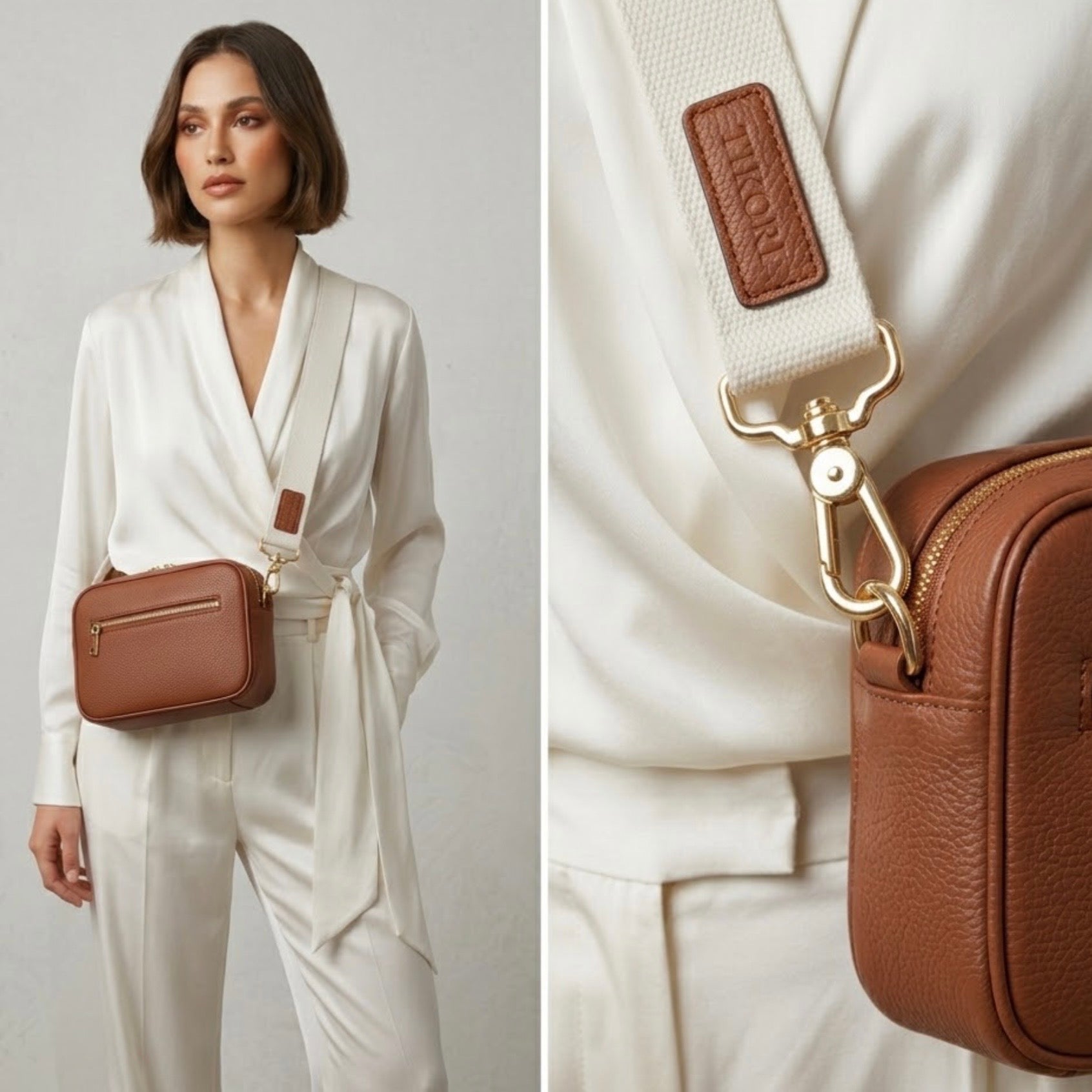 Classic elegance. TIKORI London classic pebbled leather crossbody bag in warm tan with adjustable strap and sleek design. Two pictures together. Model in ivory cloths wears the bag as crossbody. The other picture shows close up detail of the golden hardware . Front profile of the bag shows in both pictures.