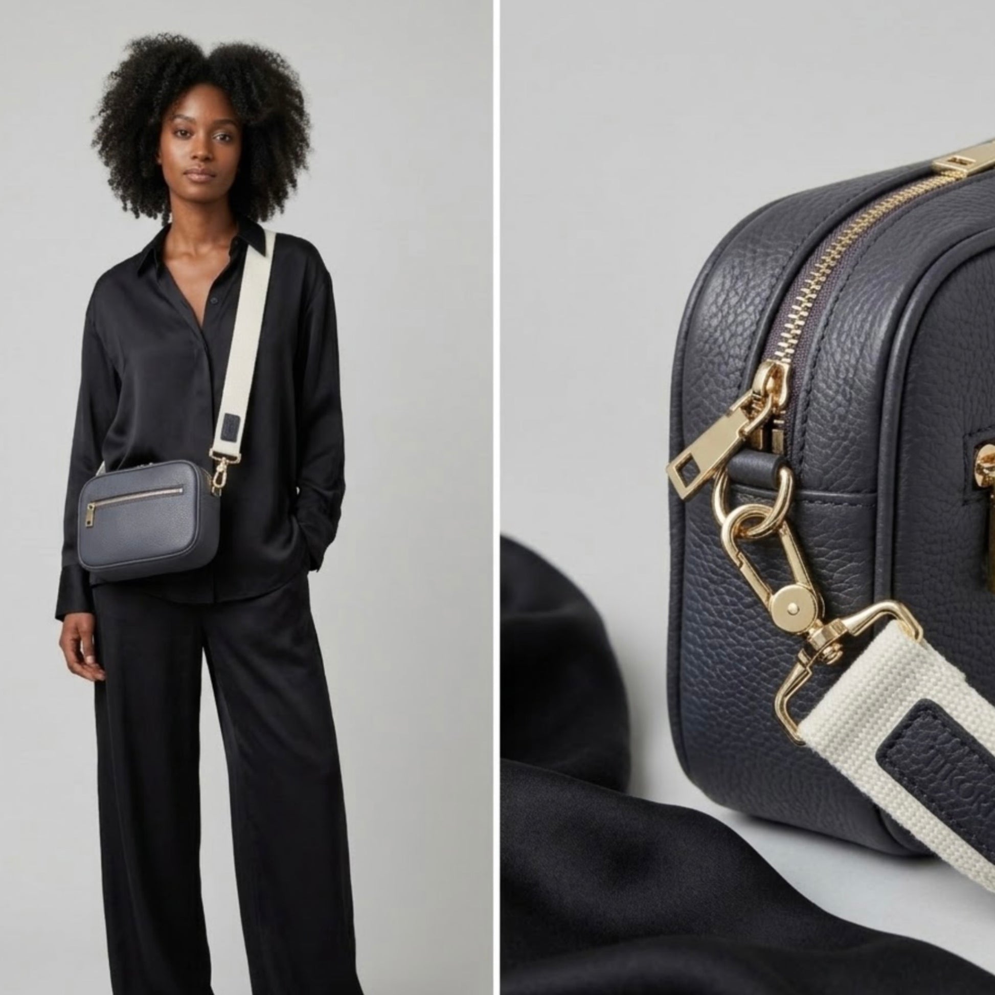 Classic elegance with practicality and versatility in mind. TIKORI classic grey purple by TIKORI London. Crossbody bag Crafted in soft pebbled premium genuine leather. Two pictures together. Dark skinned beautiful Model in black silk cloths wears the crossbody, showing Front profile of the bag showing golden hardware. And the other picture shows the close up details of the golden hardware and zipper and canvas TIKORI strap. 