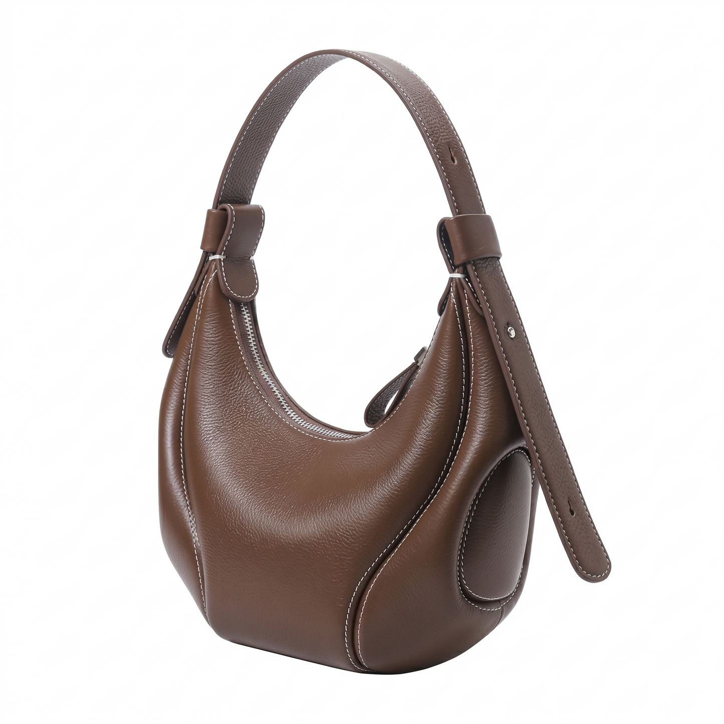 Ellipse Crescent Hobo Bag - Brown - by TIKORI LONDON. Front profile of the bag showing it’s beautiful curved top handle and bag shape in full white background.