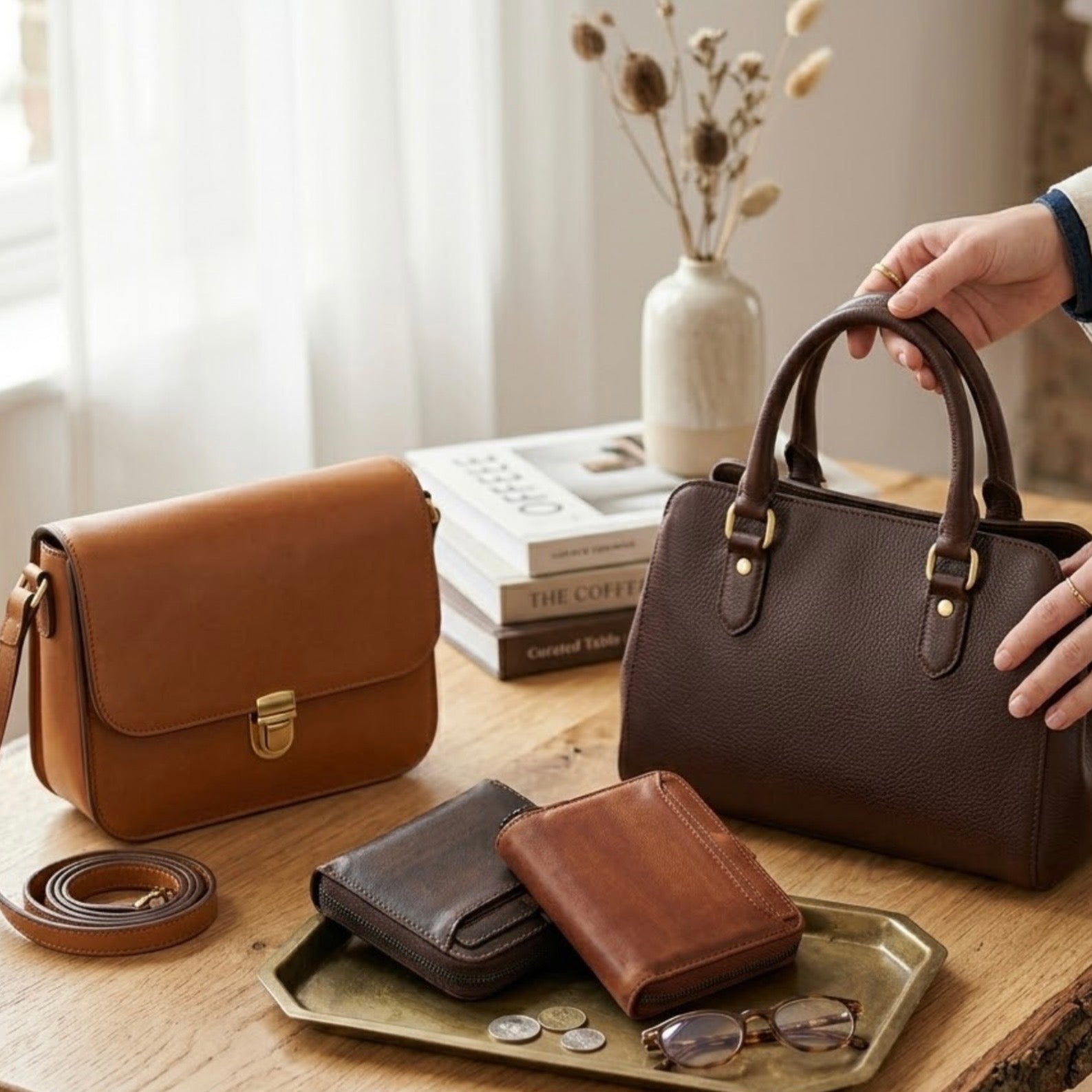 Short box wallets by TIKORI LONDON. Both light, dark brown wallets are displayed on a tray with some coins on the table next to light brown and dark brown handbag. Model hands shows holding the dark brown handbag from top handle. Some books and vase on the table. Home settings.