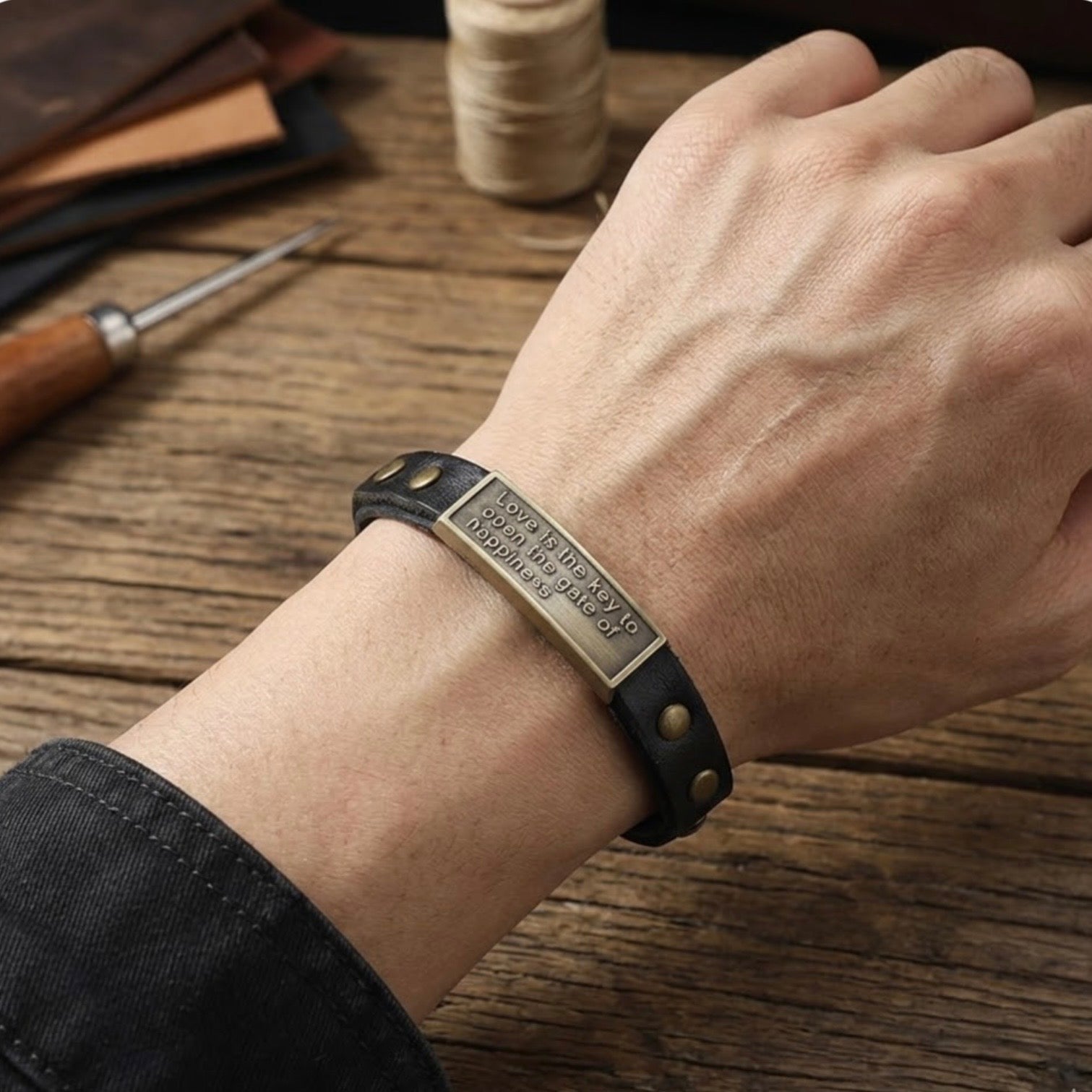 Sentiment Cuff bracelet black by TIKORI London. Combining raw, structural edge with a deeply poetic sentiment, this bracelet features a beautifully aged antique gold plate inscribed with the words: "Love is the key to open the gate of happiness." Models hand displays in the picture, wearing the bracelet. Table can be seen with leather making tools, workshop environment.