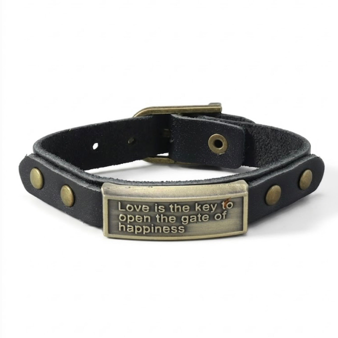 Sentiment Cuff bracelet black by TIKORI London. Combining raw, structural edge with a deeply poetic sentiment, this bracelet features a beautifully aged antique gold plate inscribed with the words: "Love is the key to open the gate of happiness."
Hand-finished from premium leather that develops its own rich character over time, this piece balances rugged architectural lines with vintage-inspired elegance. Bracelet displays in a fully white background and antique gold hardware shows beautifully.
