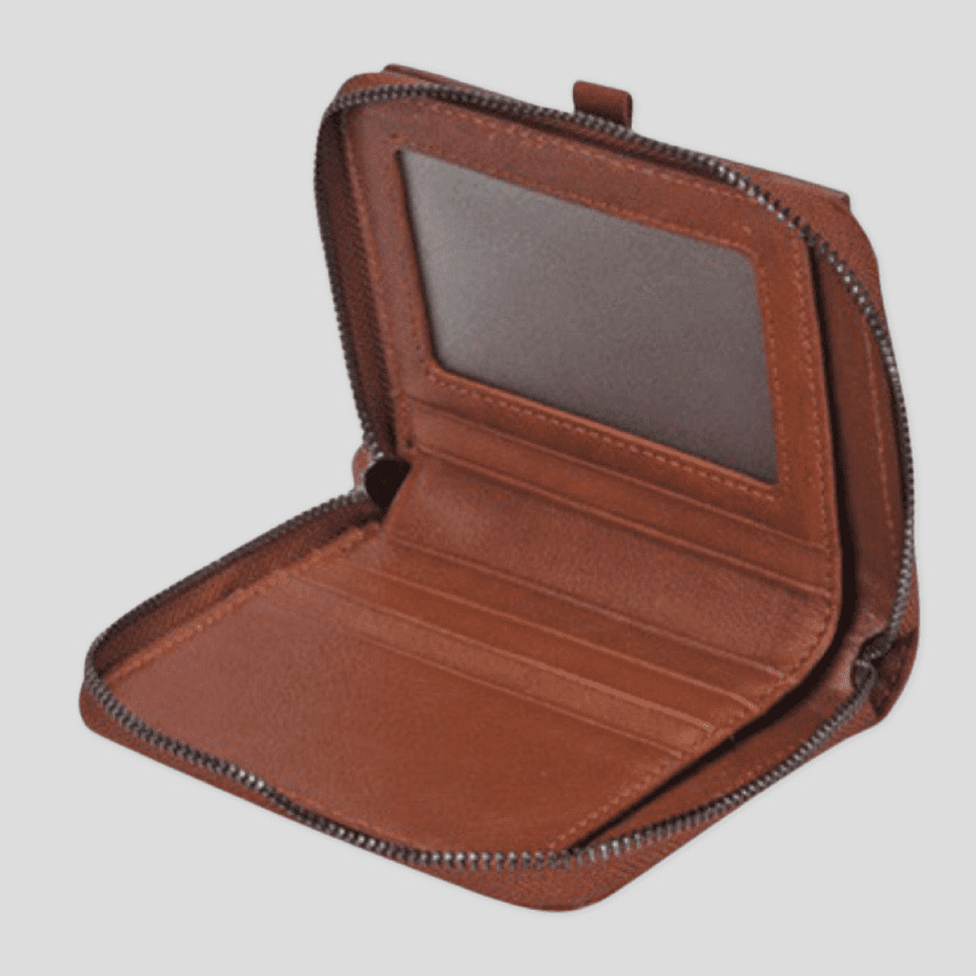 Light brown Tikori London short box wallet with compact design, featuring card slots and a sleek leather finish. Opened wallet, showing inside.