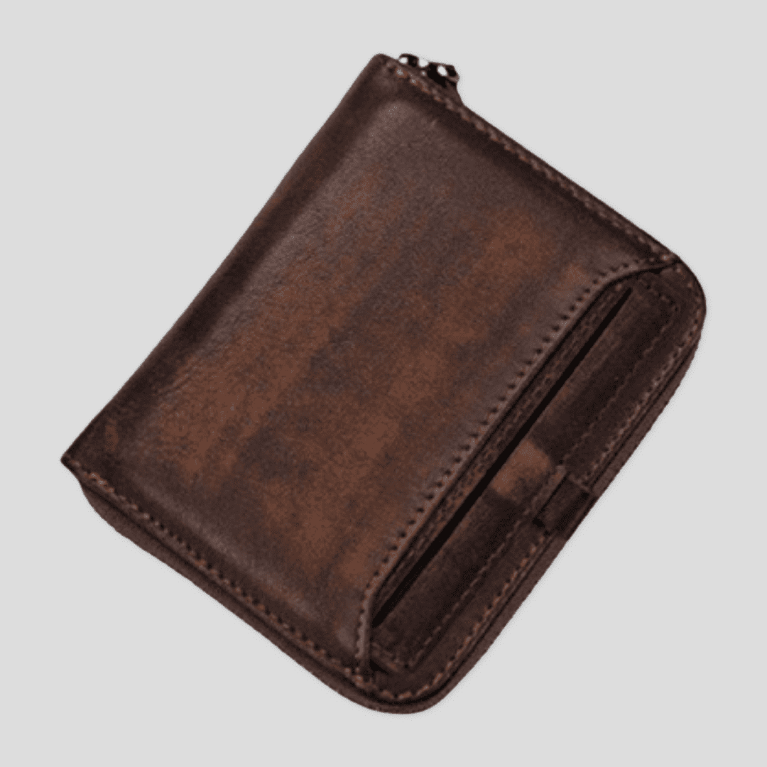Dark brown leather short box wallet by Tikori London with compact design and silver hardware details. Back.
