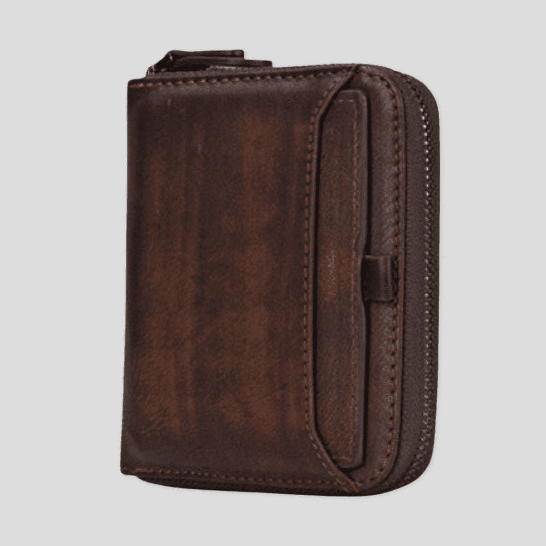 Dark brown Tikori London short box wallet with compact design and leather texture, ideal for cash and card storage. Front profile shows in the picture in a white background. 