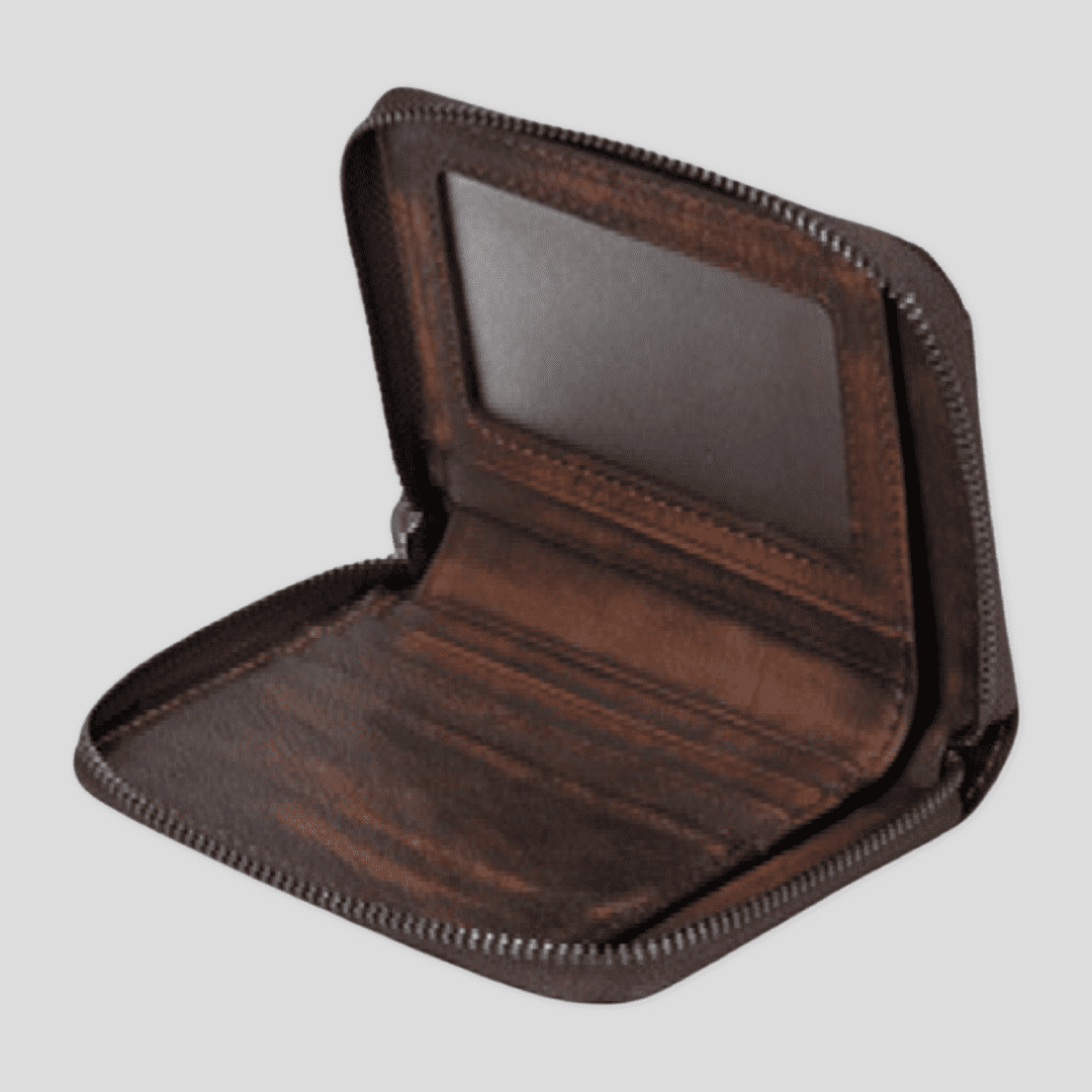 Dark brown Tikori London short box wallet with compact design and multiple card slots, made from premium leather. Inside of the wallet.