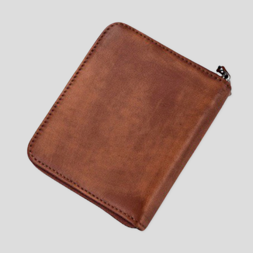 Light brown Tikori London short box wallet with sleek design and compact size, featuring multiple card slots and a minimalist style. Back of the wallet.