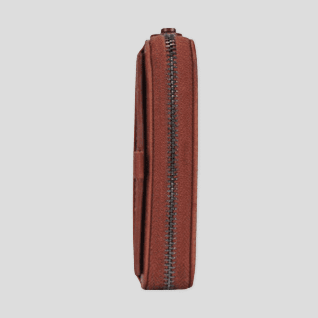 Light brown Tikori London short box wallet with a sleek leather design and compact, stylish silhouette. Side of the wallet.