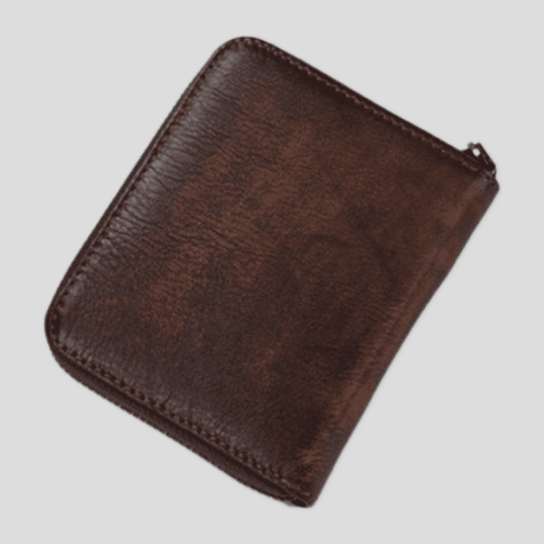 Dark brown Tikori London short box wallet with a sleek leather finish and compact design, featuring multiple card slots. Back.