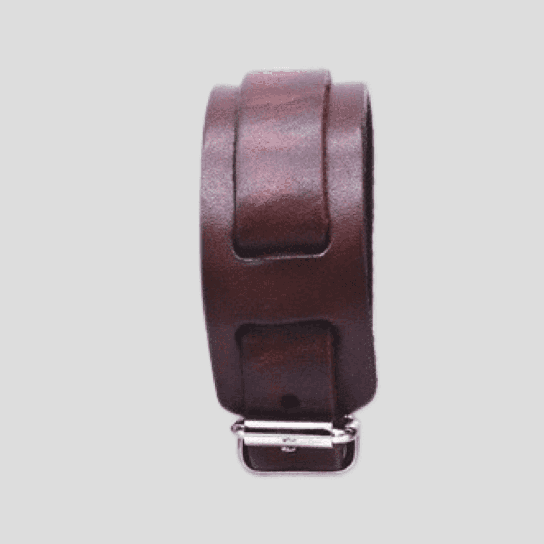 Dark brown layered leather bracelet by Tikori London featuring multiple leather strands and subtle metal accents.