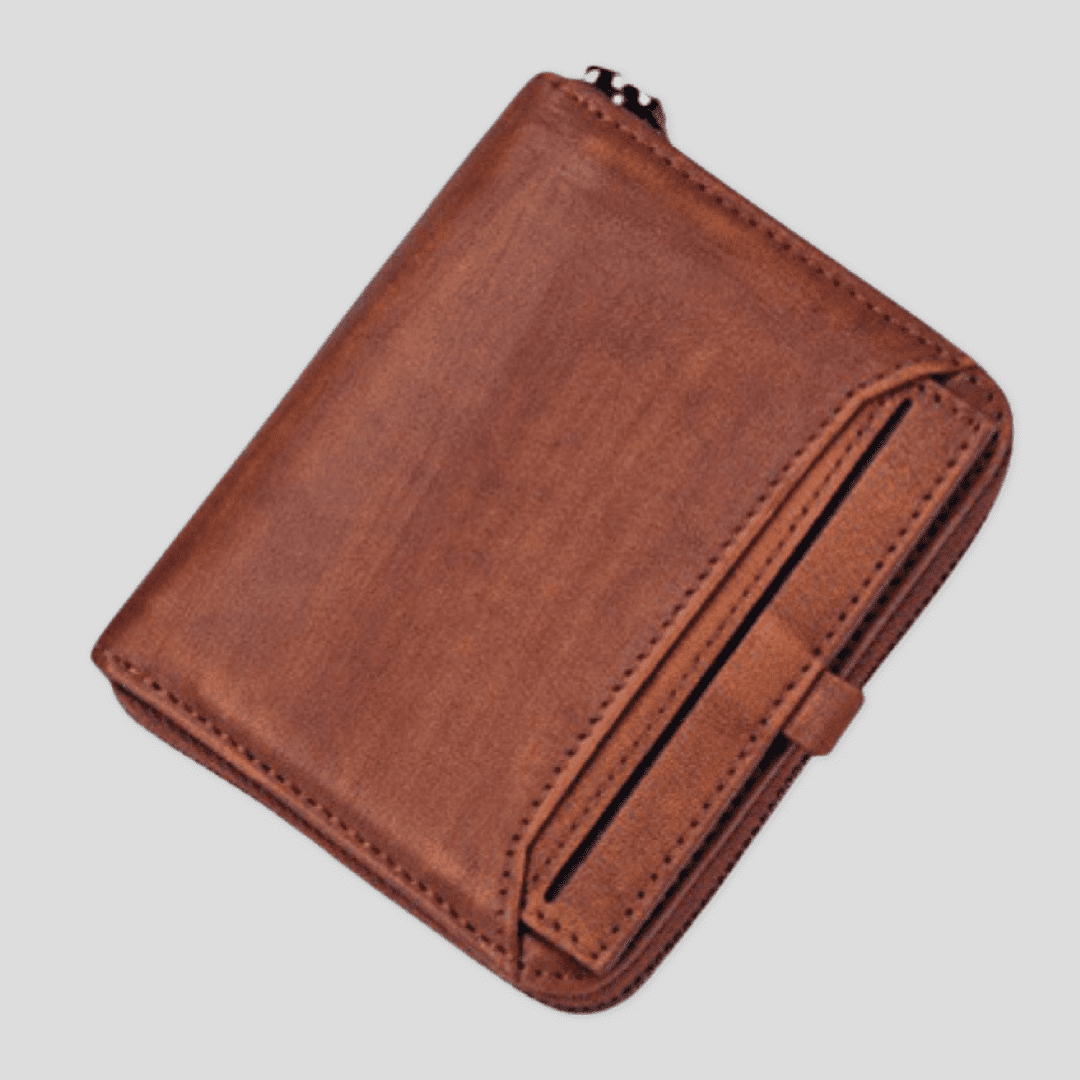 Light brown Tikori London short box wallet with multiple card slots and a sleek compact design.